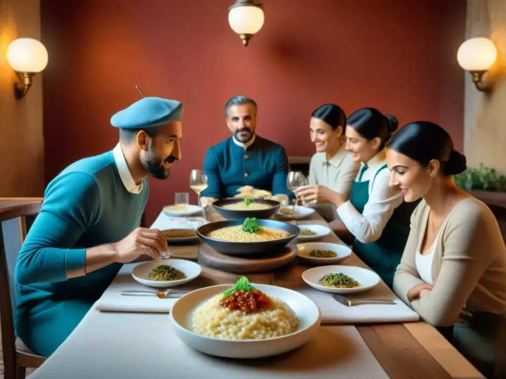 Una escena familiar en una trattoria italiana con platos icónicos de la cocina italiana, envuelta en tradición y autenticidad