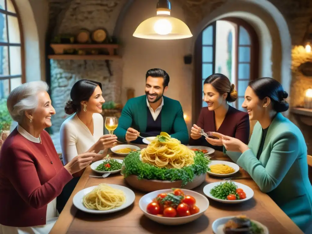 Una escena familiar en una trattoria italiana con comida casera, vino y música