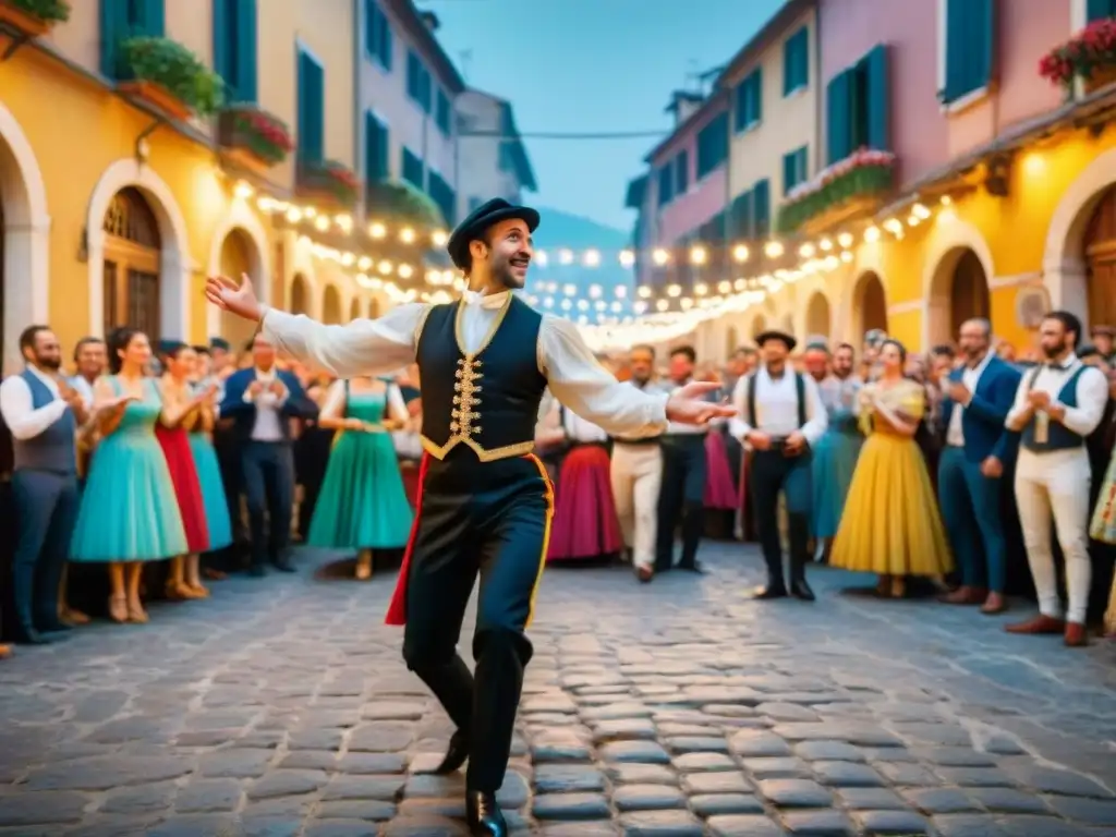 Escena festiva de un festival callejero italiano con la tradicional danza de la Tarantella bajo luces, música y alegría