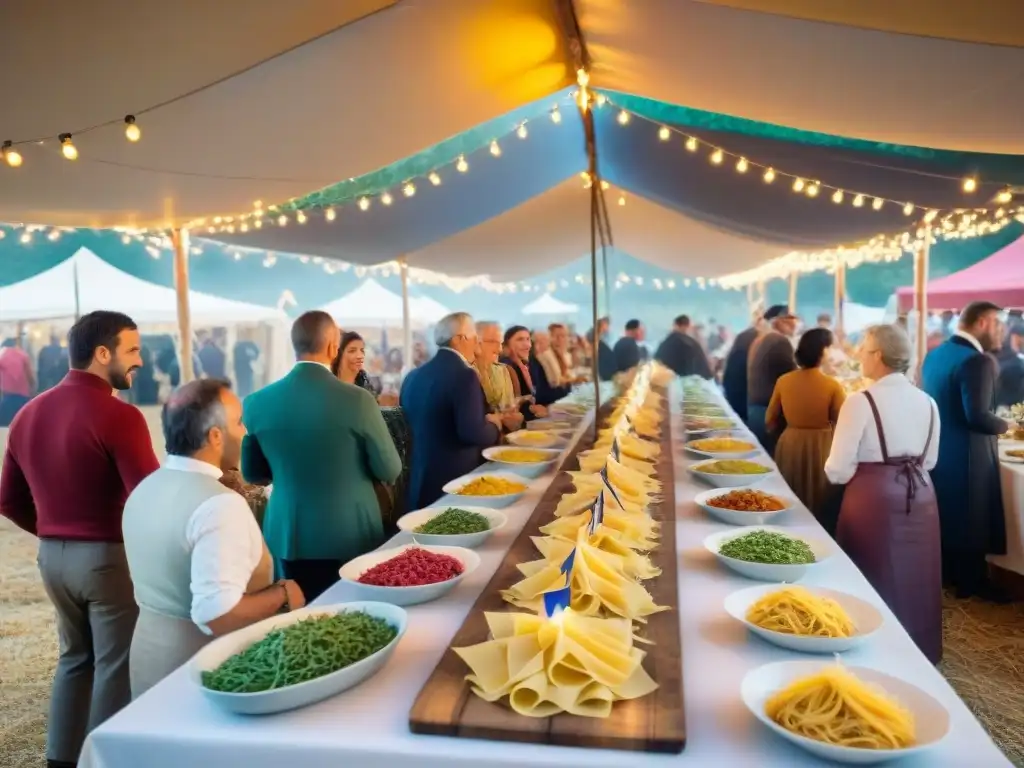 Escena festiva en un festival de cosecha italiana con mesa de pasta fresca y comensales felices bajo luces brillantes y banderas italianas ondeando