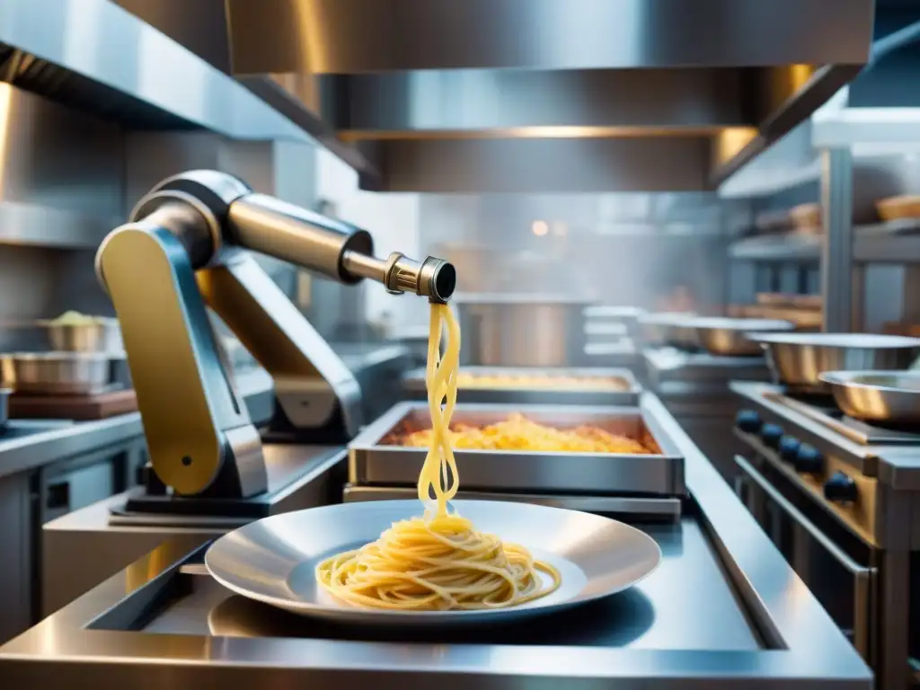 Una escena futurista en la cocina italiana: un brazo robótico elabora pasta fresca en armonía con chefs, fusionando tradición e innovación