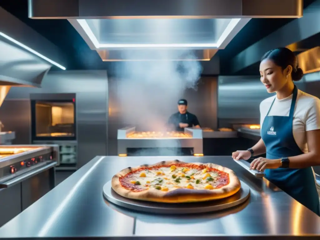 Escena futurista en pizzería: brazos robóticos preparando pizzas, horno de alta tecnología y clientes disfrutando de creaciones innovadoras