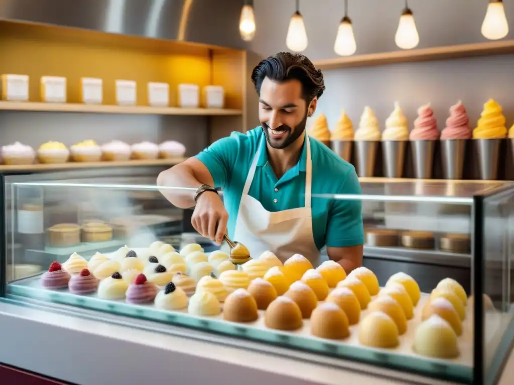 Escena de gelatería en Italia: artesano preparando gelato con precisión y clientes ansiosos