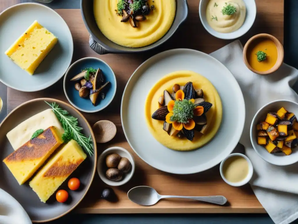 Una escena gourmet de platos de polenta italiana en mesa rústica