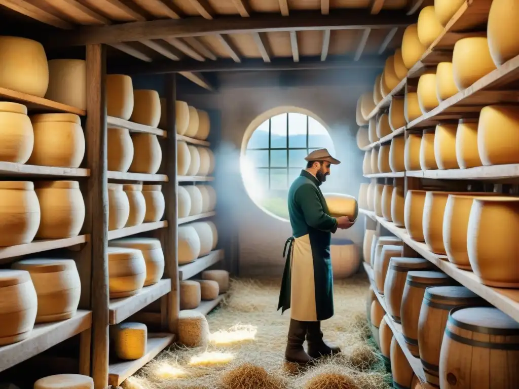 Escena de granja rústica en Italia, elaborando queso Asiago