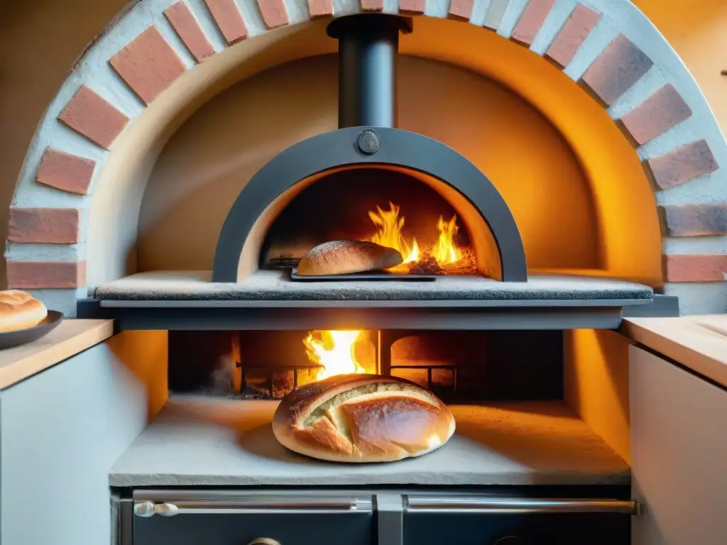 Escena de la historia del horno de leña: panadería artesanal con horno de leña, pan recién horneado y un panadero tradicional