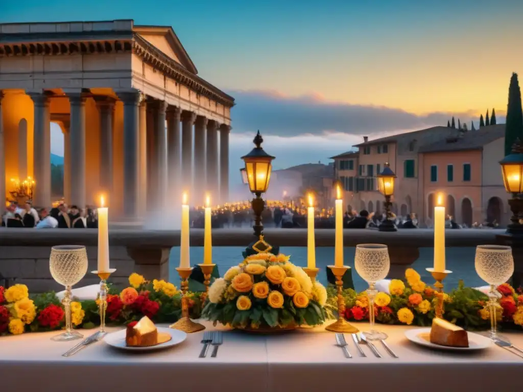 Una escena histórica en un festival italiano con una mesa llena de exquisitos platos y personas vestidas con trajes de época