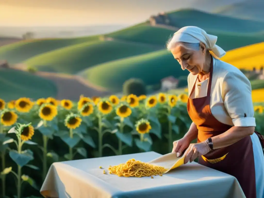 Escena idílica de agroturismo italiano con cocina tradicional: una nonna prepara pasta casera mientras viajeros aprenden entre girasoles al atardecer