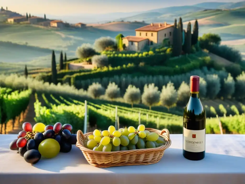 Escena idílica de agroturismo en Toscana con gastronomía tradicional en una granja rodeada de viñedos verdes al atardecer