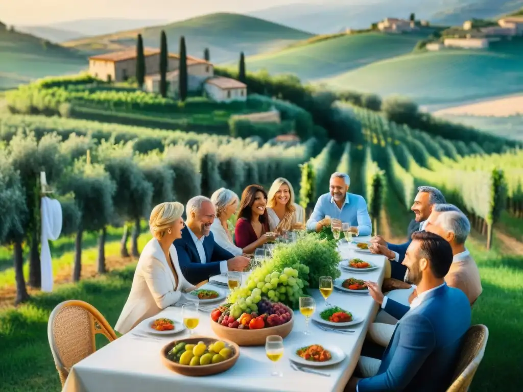 Una escena idílica de agroturismos en Islas Italianas: granja rústica, viñedos, olivares, mesa llena de delicias gastronómicas y diversidad de comensales