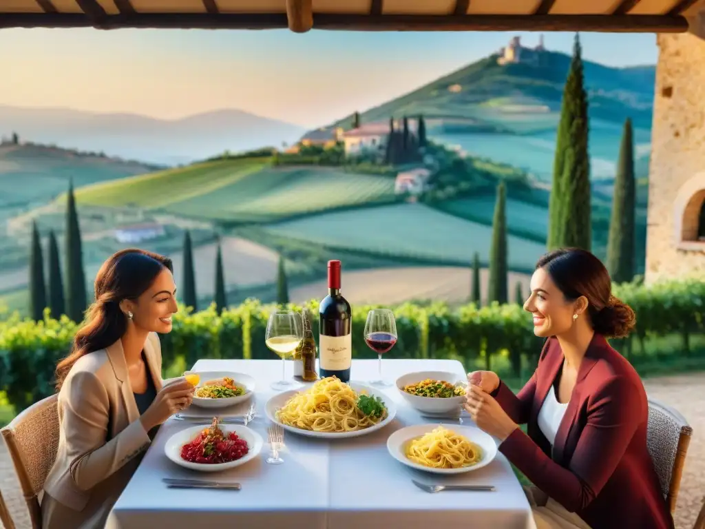 Una escena idílica de la campiña italiana al atardecer con una familia disfrutando de una comida al aire libre