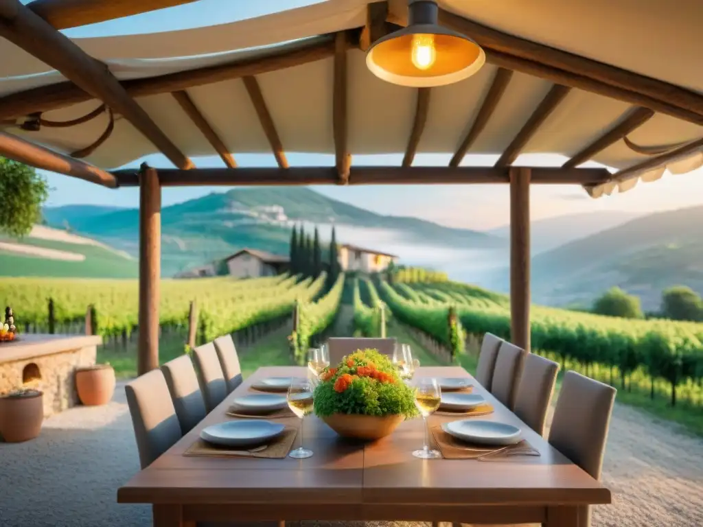 Agriturismo en Italia: Naturaleza, Comida y Comunidad Una escena impresionante de un agriturismo tradicional italiano entre viñedos y olivares, con una comida al aire libre y cocina italiana