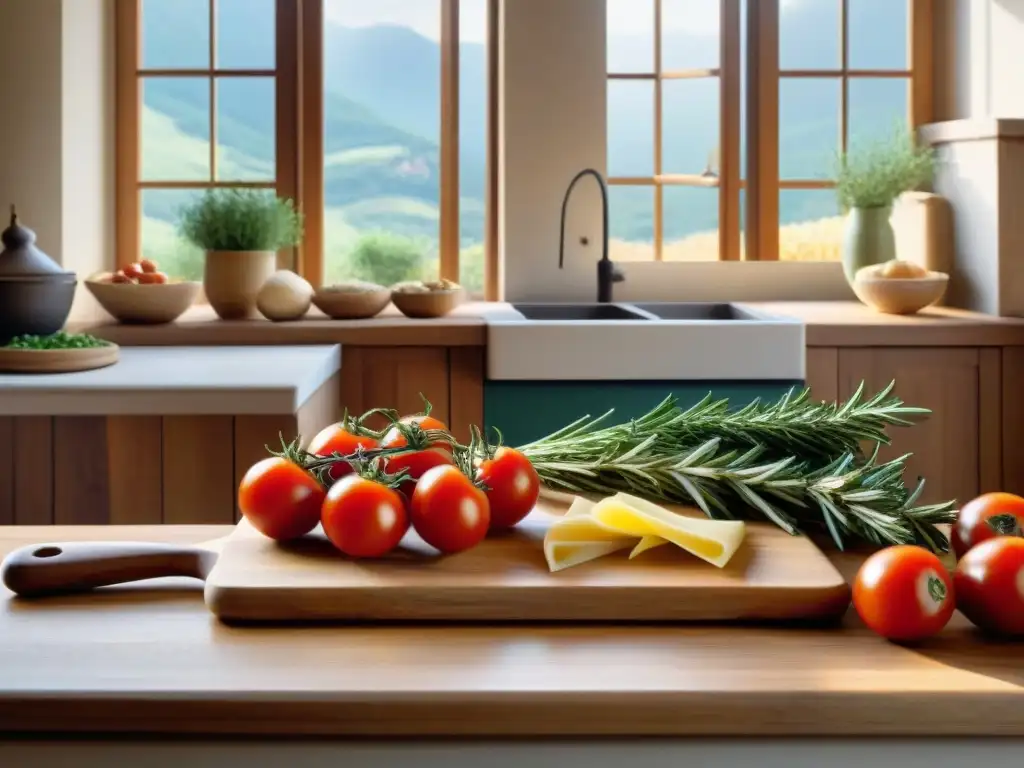 Escena inspiradora de cocina italiana con romero fresco, tomates maduros y aceite de oliva