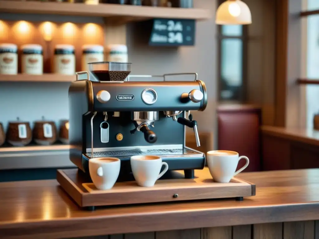 Escena íntima en una cafetería italiana: barista preparando espresso, estanterías de granos de café y ambiente cálido