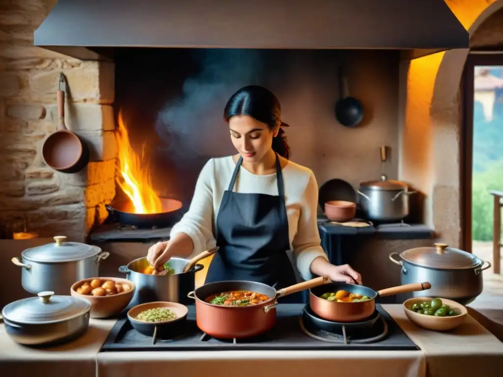 Una escena íntima de cocina italiana tradicional con Técnicas de cocción lenta italiana, donde una nonna remueve guisos en una estufa de leña