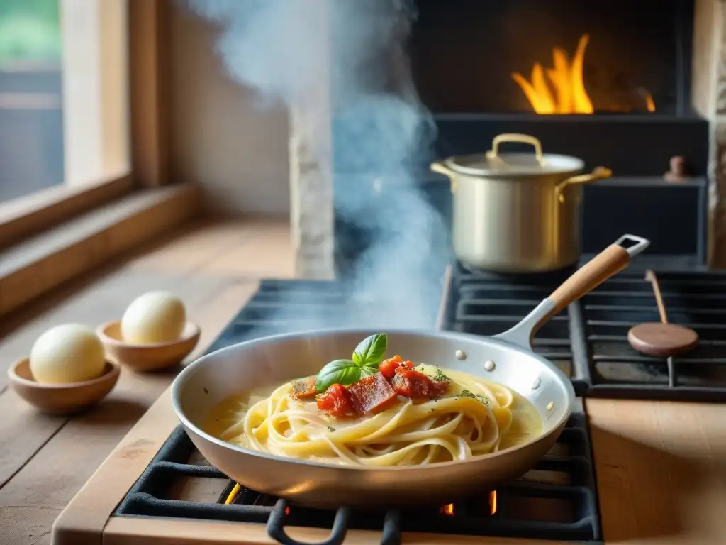 Una escena íntima de cocina italiana tradicional con una olla burbujeante de salsa carbonara cremosa