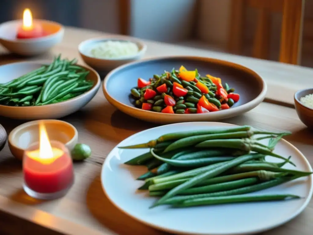 Escena íntima de una mesa rústica con bowls de cerámica, verduras frescas y bagna càuda