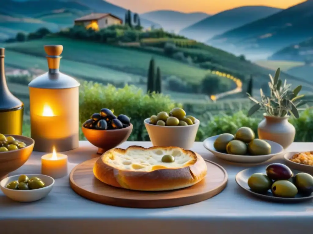 Escena italiana en el campo al atardecer con alimentos tradicionales