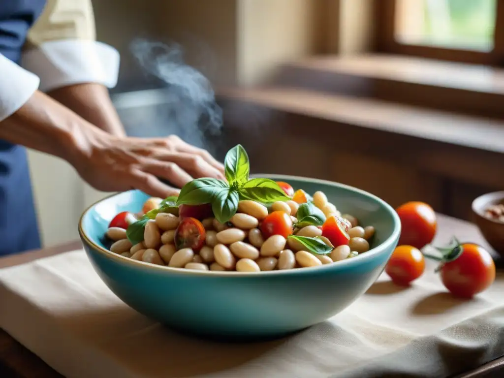 Una escena italiana rústica con una mesa de madera tradicional y un vibrante tazón de ensalada de Frijoles Cannellini superfood italiano