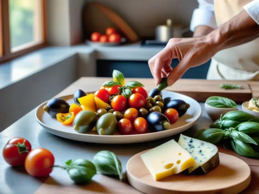 Una escena italiana tradicional con antipasti exquisitos y técnicas conservación antipasti italianos en una cocina acogedora