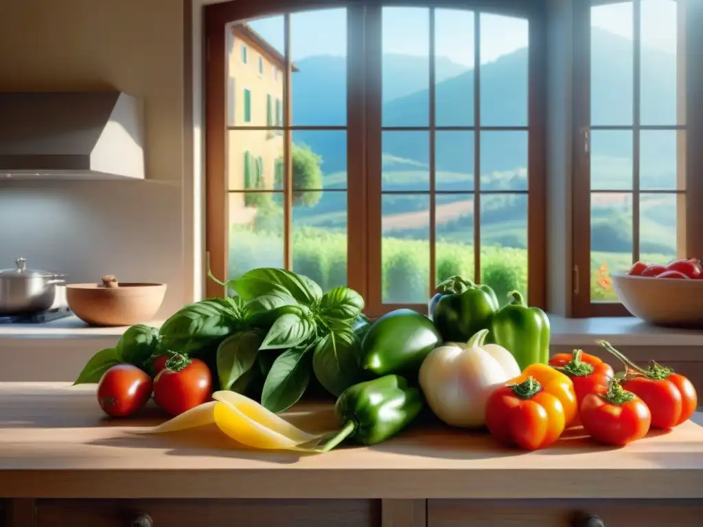 Una escena italiana tradicional con mesa de madera rústica rebosante de ingredientes frescos y coloridos