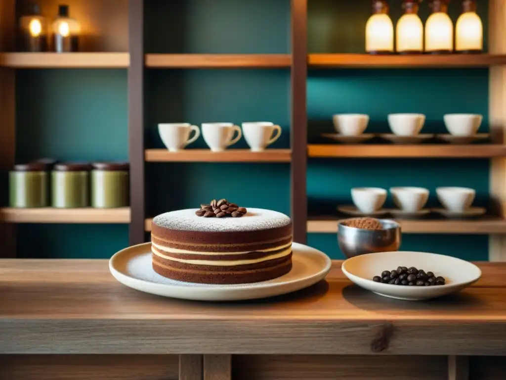 Escena de café italiano con tiramisú recién hecho, libros antiguos y ambiente histórico