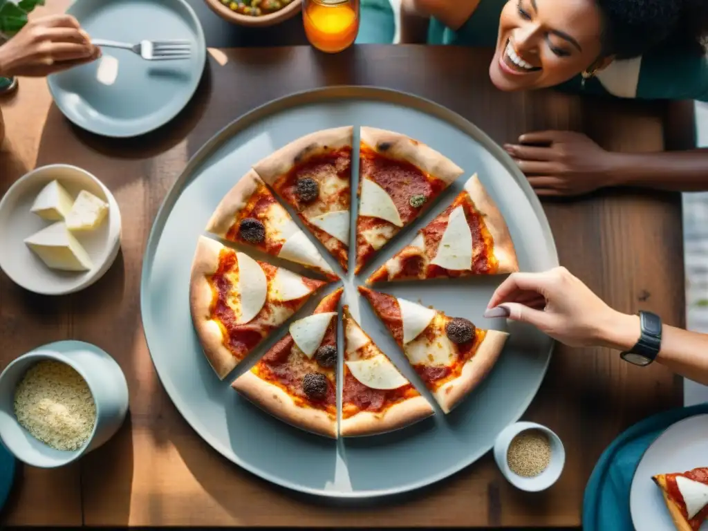 Una escena llena de alegría y conexión, donde personas de diferentes culturas comparten pizza alrededor de una mesa de madera rústica