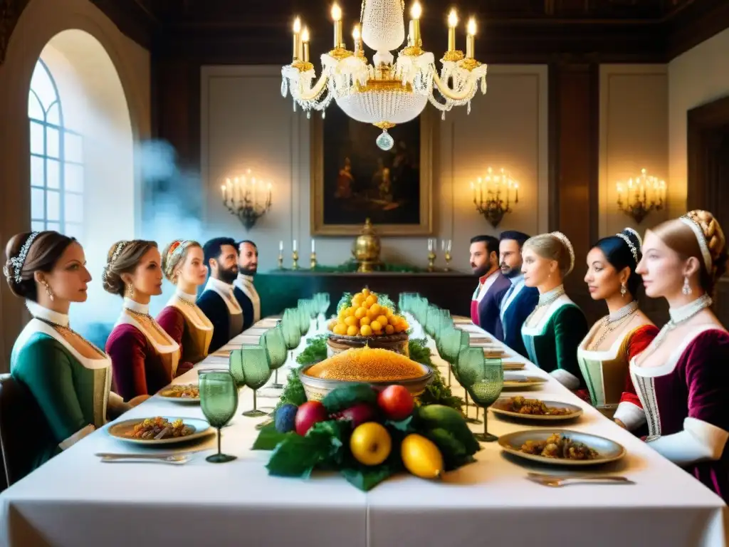 Una escena lujosa de banquete renacentista con mesa larga decorada y manjares italianos rodeada de nobles en atuendos de época