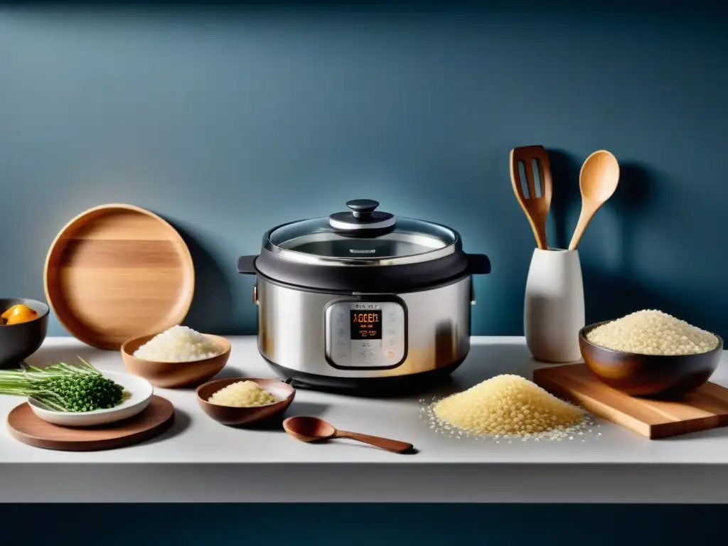 Escena lujosa de cocina con los mejores electrodomésticos para cocinar risotto, libros de recetas y arroz gourmet en elegantes envases