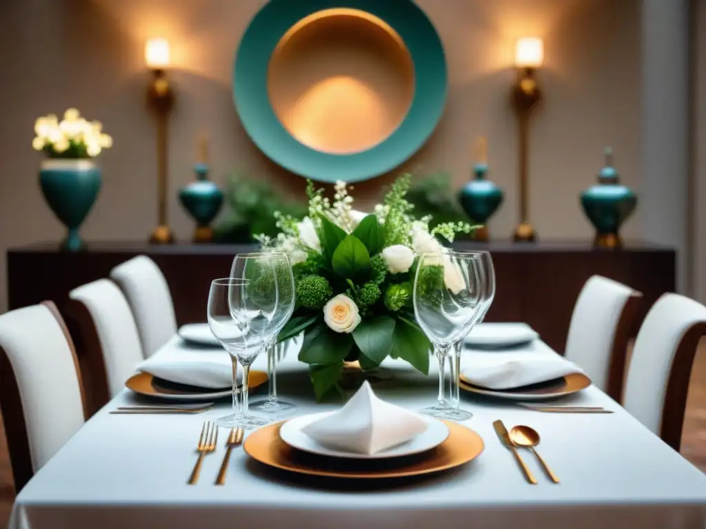 Una escena lujosa con vajillas italianas de lujo para eventos, en un elegante banquete con exquisitos detalles y colores vibrantes