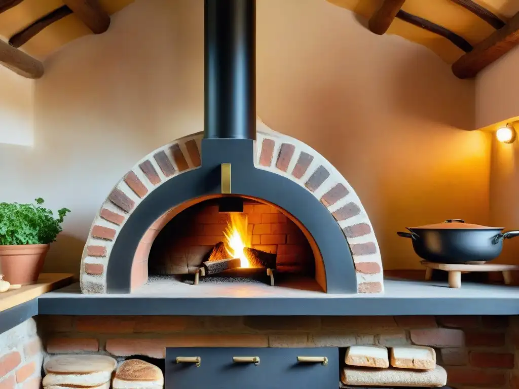 Escena mágica de un horno de leña tradicional con las mejores herramientas de cocina, iluminado por la luz dorada del sol