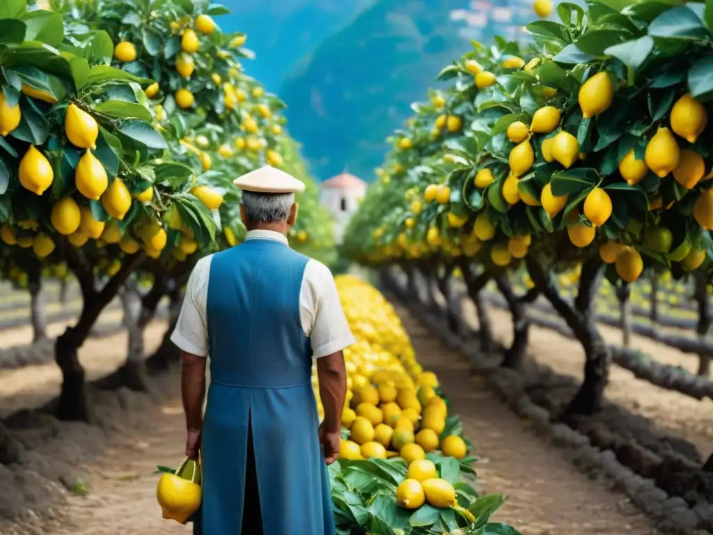 Escena mágica de limoneros en la Costa Amalfitana con un recolector de limones, transmitiendo autenticidad