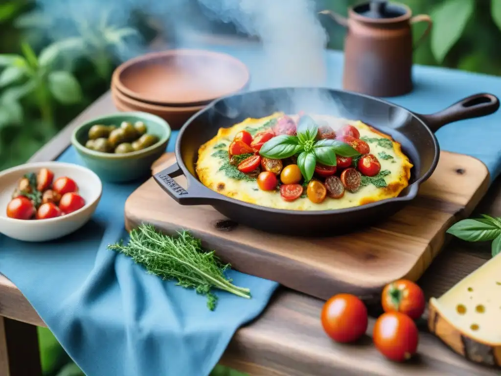 Escena mágica de mesa rústica al aire libre con risottos al horno de leña, ante horno de ladrillo y bosque verde