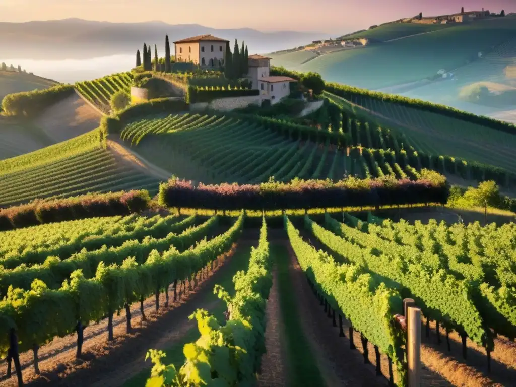 Escena mágica en viñedo italiano al atardecer con trabajadores cosechando uvas