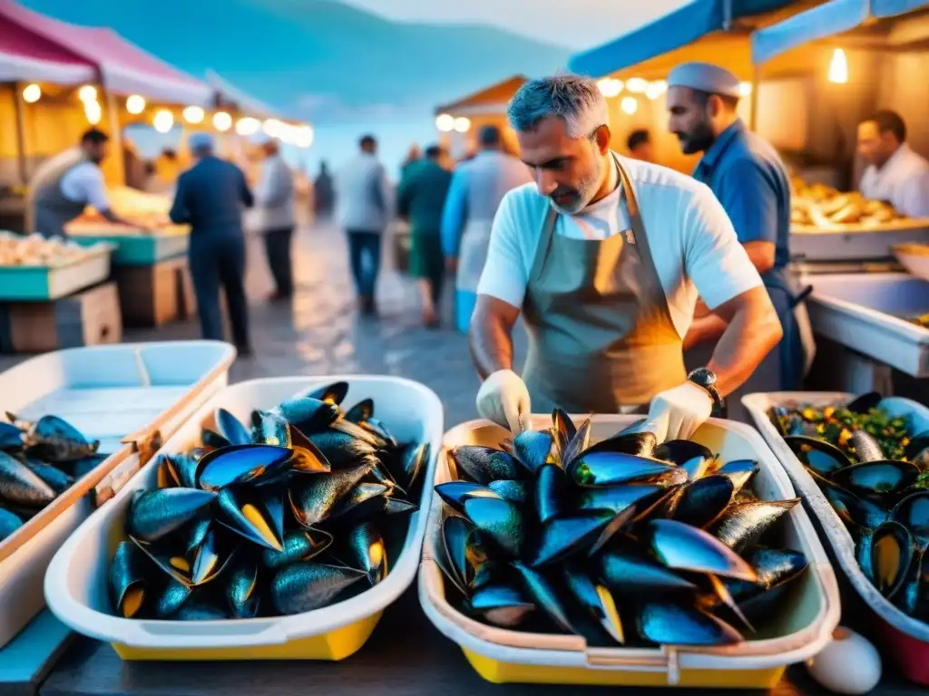 Escena matutina en animado mercado pesquero de Costa Sur Italia con delicias marinas