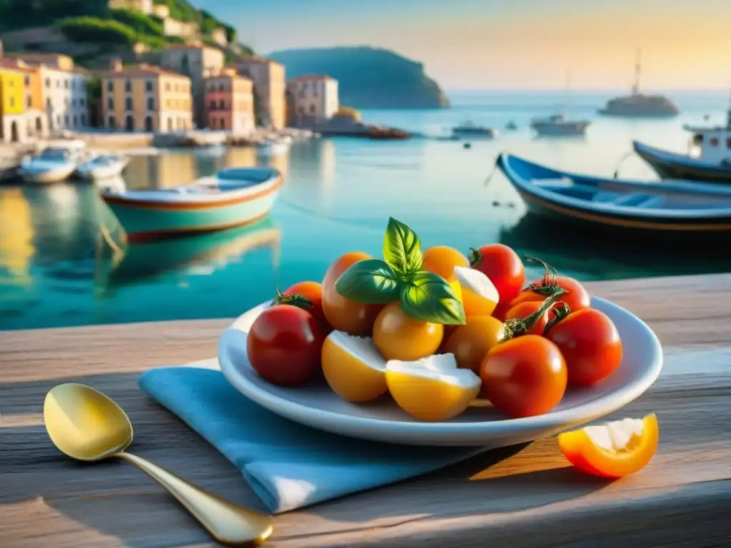 Escena mediterránea con Friselle receta y origen: tradición italiana en un pueblo costero al atardecer