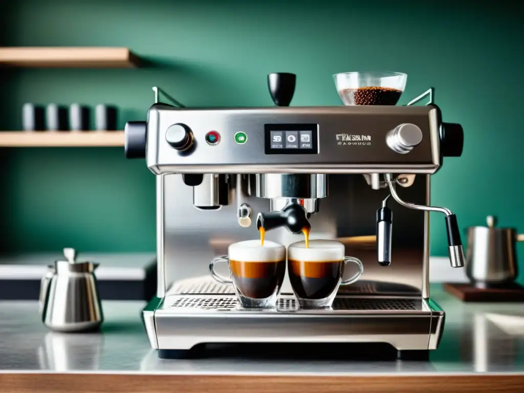 Una escena moderna de cocina italiana con una elegante máquina de espresso italiana y barista preparando café