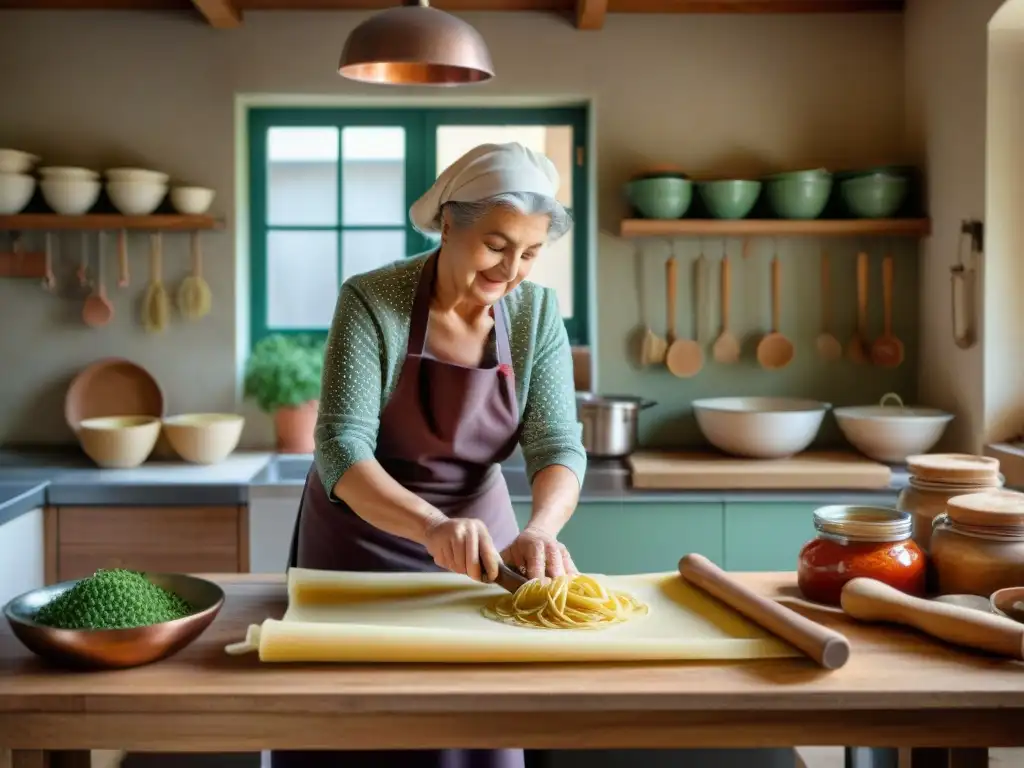 Cálida escena de una nonna italiana en una cocina tradicional, haciendo cursos de cocina italiana tradicionales con pasión y destreza