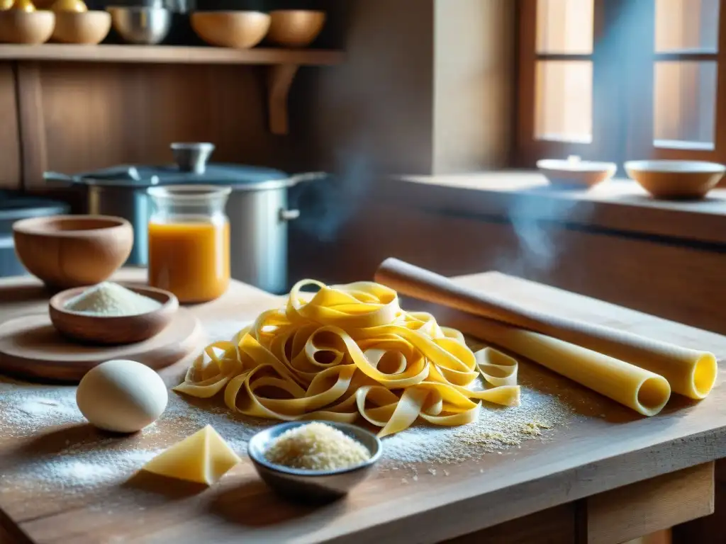 Una escena nostálgica en una cocina italiana tradicional con una mesa de madera y utensilios vintage de cocina