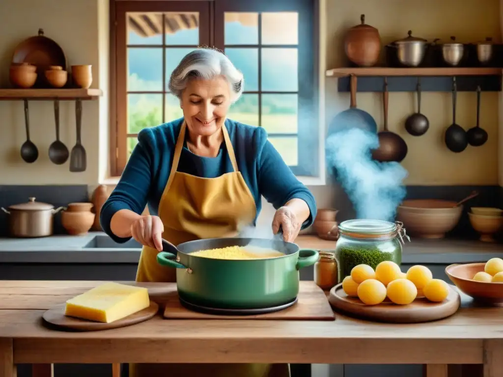 Una escena nostálgica de cocina italiana tradicional, con una nonna removiendo polenta cremosa en una cocina rústica iluminada por el sol