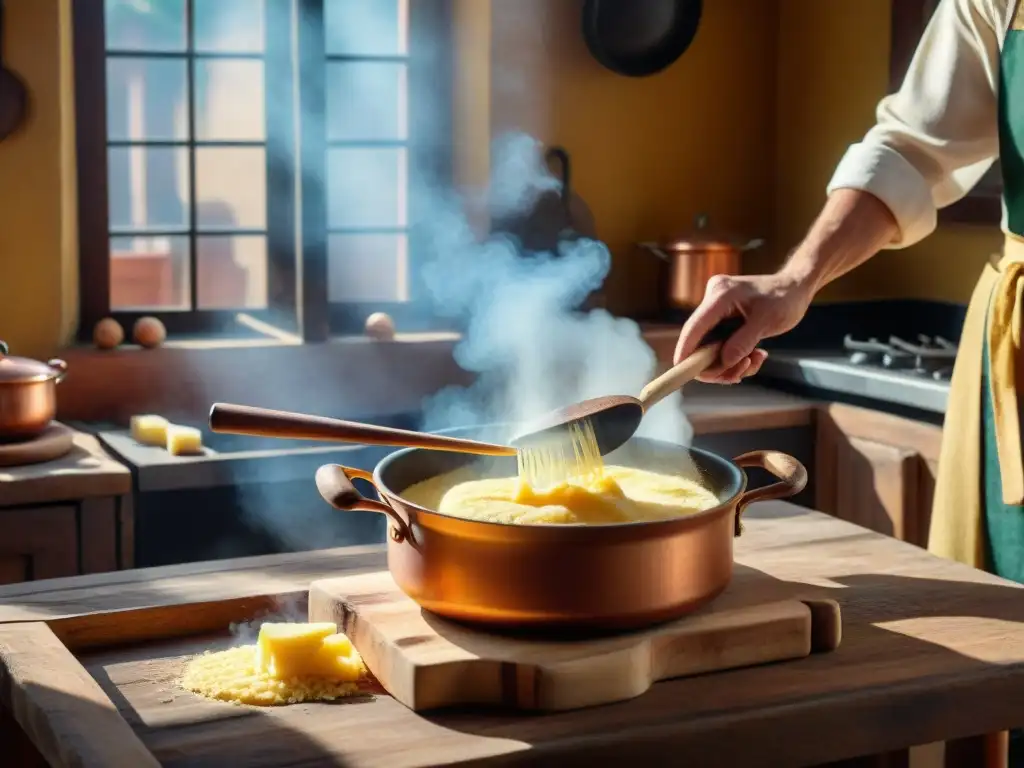 Escena nostálgica en cocina italiana con polenta cremosa, removida con utensilio tradicional de madera