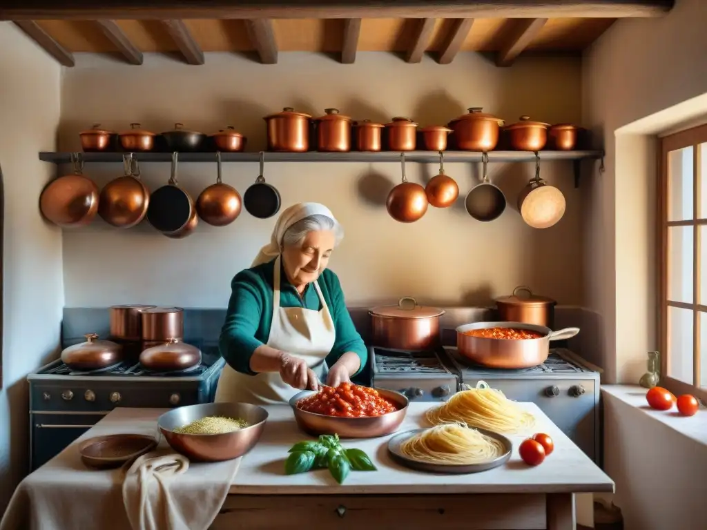 Escena nostálgica en cocina italiana: nonna elabora pasta fresca rodeada de tomates conservados y hierbas frescas