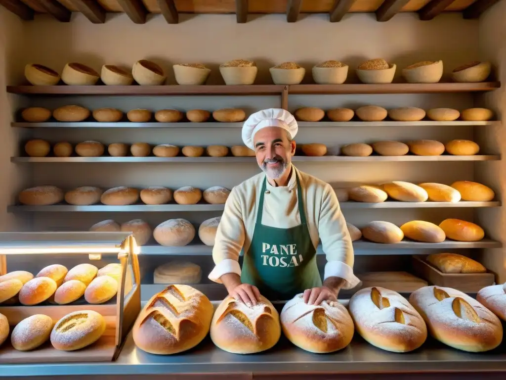 Escena nostálgica de una panadería toscana al amanecer con el letrero 'Pane Toscano', evocando la historia del Pane Toscano en Toscana