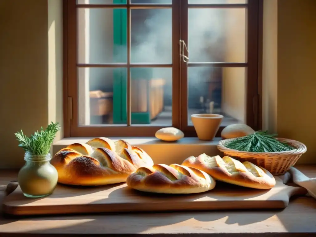 Escena de panadería italiana rústica con utensilios tradicionales y focaccia dorada