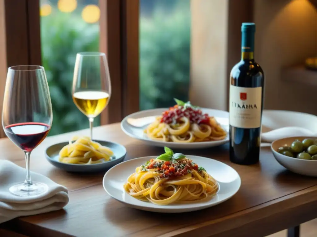 Una escena perfecta de maridaje vinos italianos pasta con una mesa rústica elegante y platos de pasta vibrantes