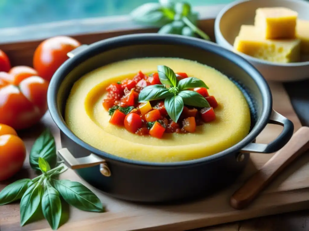 Una escena reconfortante de polenta italiana tradicional rodeada de ingredientes frescos, en una mesa de madera rústica