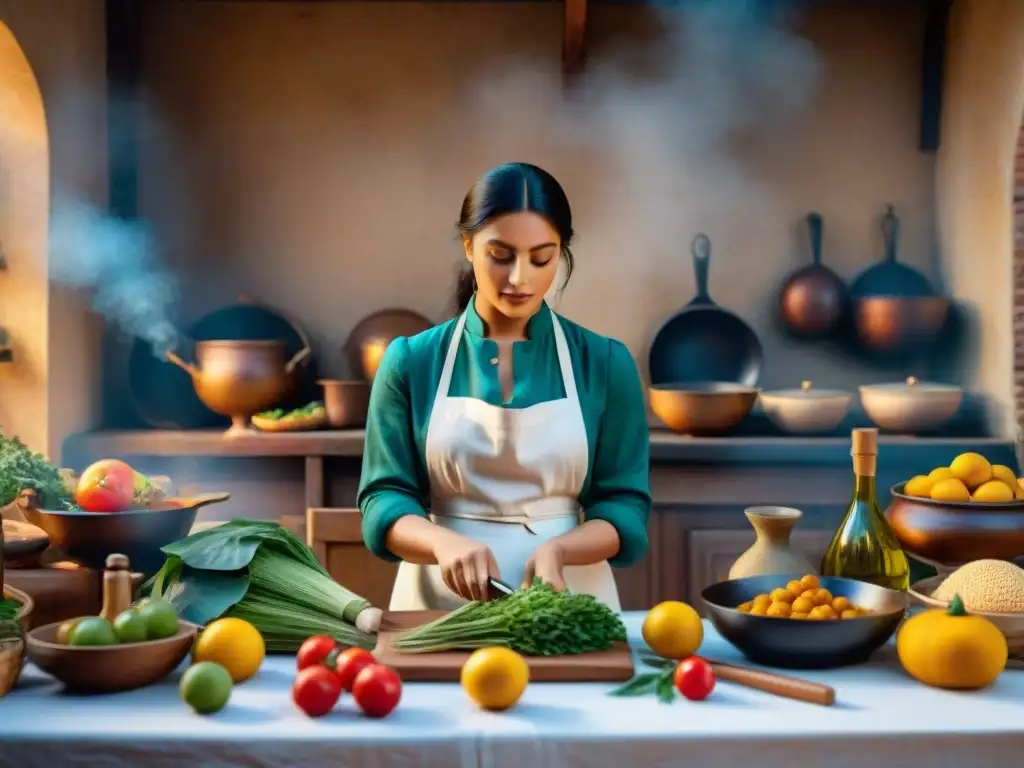 Escena renacentista en cocina italiana con artistas famosos preparando platos tradicionales