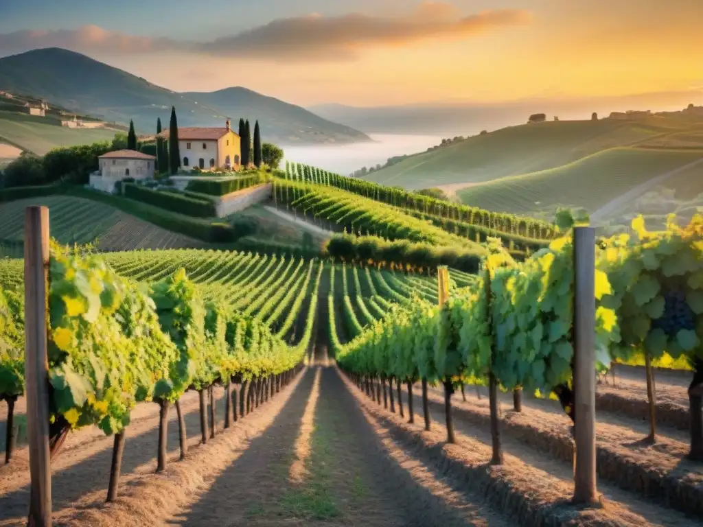 Escena romántica en viñedo italiano al atardecer, pareja brinda entre viñedos y bodega tradicional al fondo