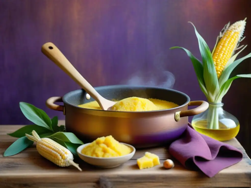 Una escena rústica de cocina con una cuchara de madera removiendo polenta dorada, rodeada de mazorcas de maíz en tonos amarillos, rojos y morados