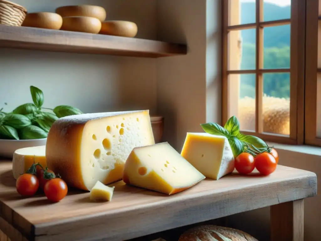 Una escena rústica de cocina italiana con Parmigiano Reggiano y Pecorino Romano, resaltando las diferencias entre ambos quesos